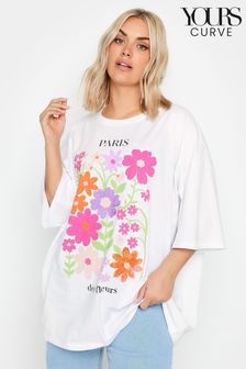 أبيض - Yours Curve Floral Print 'paris' Slogan Oversized T-shirt (B17848) | 111 د.إ