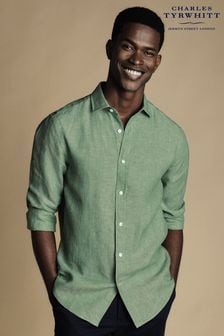 Charles Tyrwhitt Mid Green Slim Fit Plain Short Sleeve Pure Linen Full Sleeves Shirt (B20001) | kr909