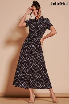 Jolie Moi Black Print Sadie Cotton Blend Shirt Midi Dress (B20191) | AED416