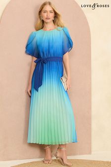 Love & Roses Blue Ombre Petal Sleeve Pleated Belted Midi Dress (B20247) | €120