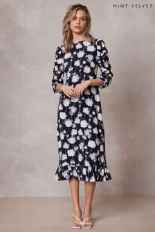 Mint Velvet Blue Navy Floral Ruffle Midi Dress (B20540) | €213