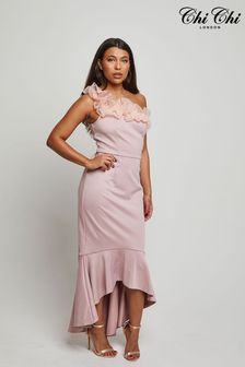 Chi Chi London Pink One Shoulder Organza Bodycon Midi Dress (B20701) | AED527