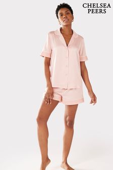 Chelsea Peers Pink Satin Lace Trim Short Pyjama Set (B20836) | AED250
