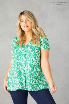 Live Unlimited Curve Green Floral Print Jersey Pleat Front Top (B20873) | €62