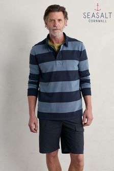 Seasalt Cornwall Blue Mens Herdsman Striped Long Sleeve Polo Shirt (B21117) | 123 €