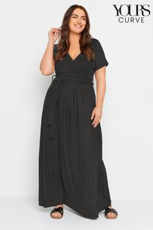 Yours Curve Black Dot Print Wrap Maxi Dress (B21287) | 183 QAR