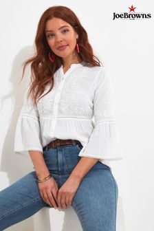Joe Browns White Embroidered Button Down Collarless Blouse (B21319) | kr649