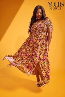 Yours Curve Multi Floral Print Shirred Bardot Maxi Dress (B21360) | $58