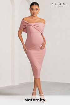 Club L London Pink Maternity Alyssa Bardot Bow Midi Dress with Ruching (B21426) | AED360