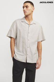 Kremowy - Jack & Jones Linen Blend Resort Collar Short Sleeve Shirt (B21815) | 215 zł