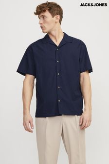 JACK & JONES Blue Linen Blend Resort Collar Short Sleeve Shirt (B22302) | $54