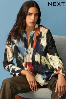 Multicoloured Abstract Print - Long Sleeve Textured Overhead V-neck Blouse (B22384) | €25