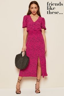 Roza - Srednje dolga poletna obleka z napihnjenimi rokavi, V-izrezom in nabranim pasom Friends Like (B22471) | €44