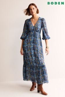 Boden Blue V-Neck Puff Maxi Dress (B22568) | kr2,012