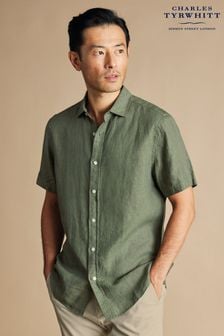 Charles Tyrwhitt Green Classic Fit Plain Short Sleeve Pure Linen Shirt (B22819) | AED388