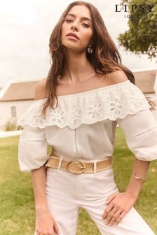 Lipsy White Embroidered Ruffle Bardot Top (B22826) | AED188