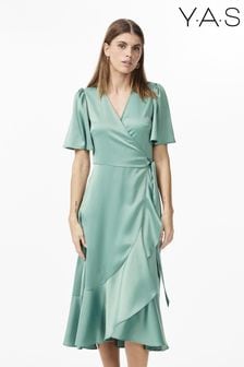 Y.A.S Green Satin Wrap Ruffle Dress (B22952) | €106