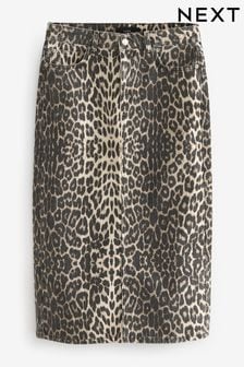 Leopard Print Denim Midi Skirt (B23149) | $53