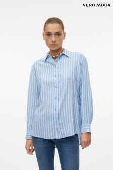VERO MODA Blue Linen Blend Long Sleeve Stripe Shirt (B23280) | $87