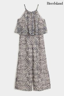 River Island Black Girls Leopard Frill Jumpsuit (B23415) | ￥5,520