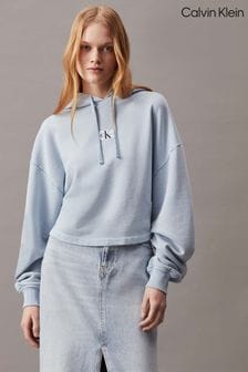 Calvin Klein Blue Cropped Woven Label Hoodie (B23459) | €143