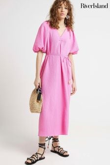 River Island Pink Medium Puff Belted Texture Dress (B23497) | OMR26