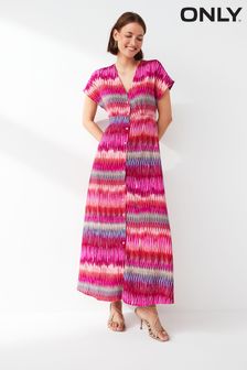 ONLY Pink Printed Short Sleeve Button Through Maxi Dress (B23663) | kr493