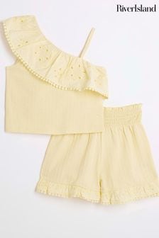 River Island Yellow Girls 100% Cotton Broderie Top and Shorts Set (B24046) | $43