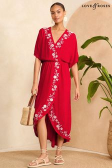 Love & Roses Red Embroidery Split Hem Longline Coverup Kaftan (B24107) | $101