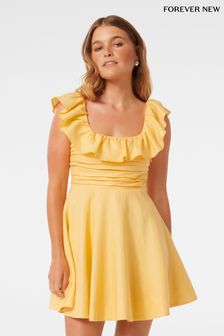 Forever New Yellow Pure Linen Ashlee Petite Ruffle Neck Mini Dress (B24571) | €158