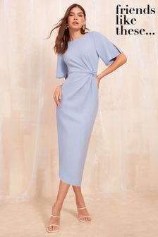 أزرق - Friends Like These Tailored Knot Detail Flutter Sleeve Midi Dress (B24593) | 23 ر.ع