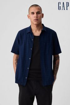 Navy/Blue - Gap Linen Cotton Short Sleeve Shirt (B24768) | kr730