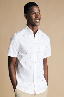 Charles Tyrwhitt White Slim Fit Non Iron Short Sleeve Lobster Print Shirt (B24914) | AED360