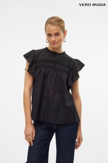 VERO MODA Black Dobby Lace Detail Short Sleeve Blouse (B25035) | $43