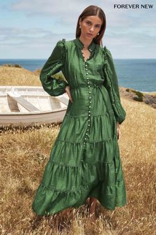 Forever New Green Jessie Button Down Midi Dress With A Touch of Linen (B25205) | LEI 686