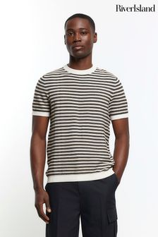 River Island Brown/White Short Sleeve Stripe Knit T-Shirt (B25329) | €42