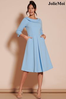 أزرق فاتح - فستان متوسط الطول بكم ‪3/4‬​​​​​​​ طول برقبة مطوية من Jolie Moi (B25346) | 40 ر.ع