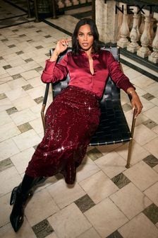 Burgundy Red Rochelle Humes Sequin Maxi Skirt (B25427) | $83