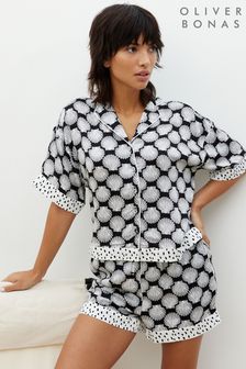 Oliver Bonas Monochrome Shells Black Top & Shorts Pyjama Set