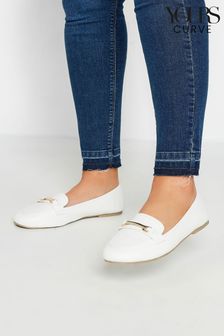 Yours Curve White Buckle Loafers In Extra Wide EEE Fit (B25656) | kr402