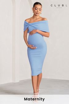 Club L London Blue Maternity Alyssa Bardot Bow Midi Dress with Ruching (B25915) | 414 SAR