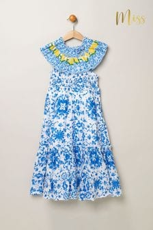 Miss Blue 100% Cotton Tile Print Dress With Lemon Detail (B25916) | $43