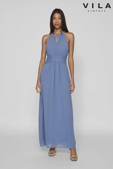 VILA Blue Halter Neck Tulle Maxi Dress (B26444) | $103