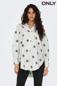 ONLY White Oversized Embroidered Print Shirt (B26835) | $83