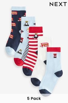 Blue/Red London Bus Print Cotton Rich Socks 5 Pack (B26903) | $12 - $14