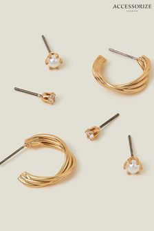 Accessorize 14ct Gold Plated Twisted Stud and Hoops Earrings 3 Pack