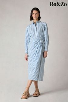 Ro&Zo Blue Petite Stripe Wrap Shirt Dress (B27130) | AED549