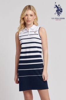 U.S. Polo Assn. Womens Blue Striped Sleeveless Polo Dress