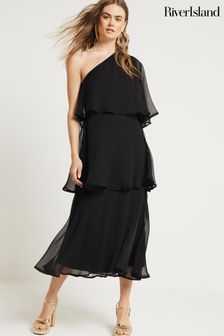 River Island Black One Shoulder Tiered Midaxi Dress (B27642) | AED312