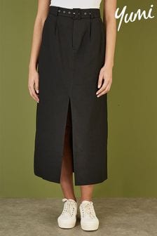 Yumi Black 100% Cotton Midi Skirt With Belt And Split Hem (B27883) | $77